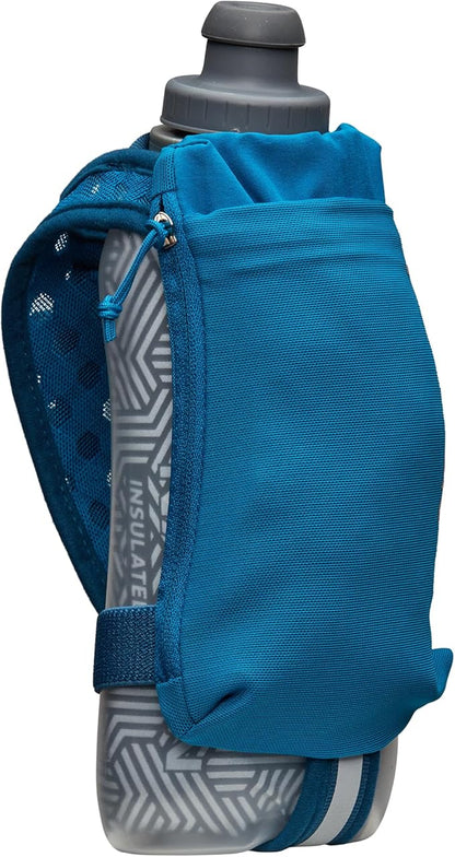 Nathan SpeedDraw 2 Insulated Handheld Running Water Bottle Flask – Double-Wall Insulation, Ergonomic Grip, Blast Valve Cap, Phone & Key Storage Pockets, Reflective Design - 18oz, Deep Blue