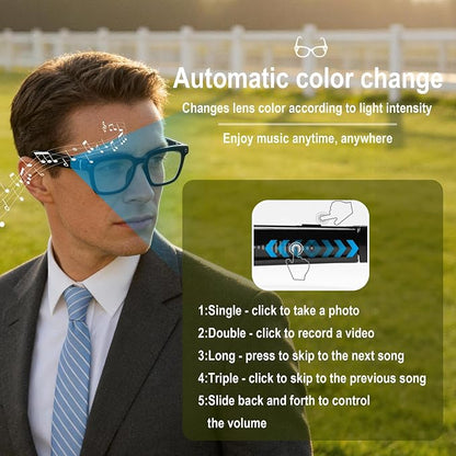 Ai Smart Glasses with Camera and Bluetooth - 4K HD Video Recording, Real-Time Translation, with Color-Changing Lenses for Travel, Sports, Outdoor Use