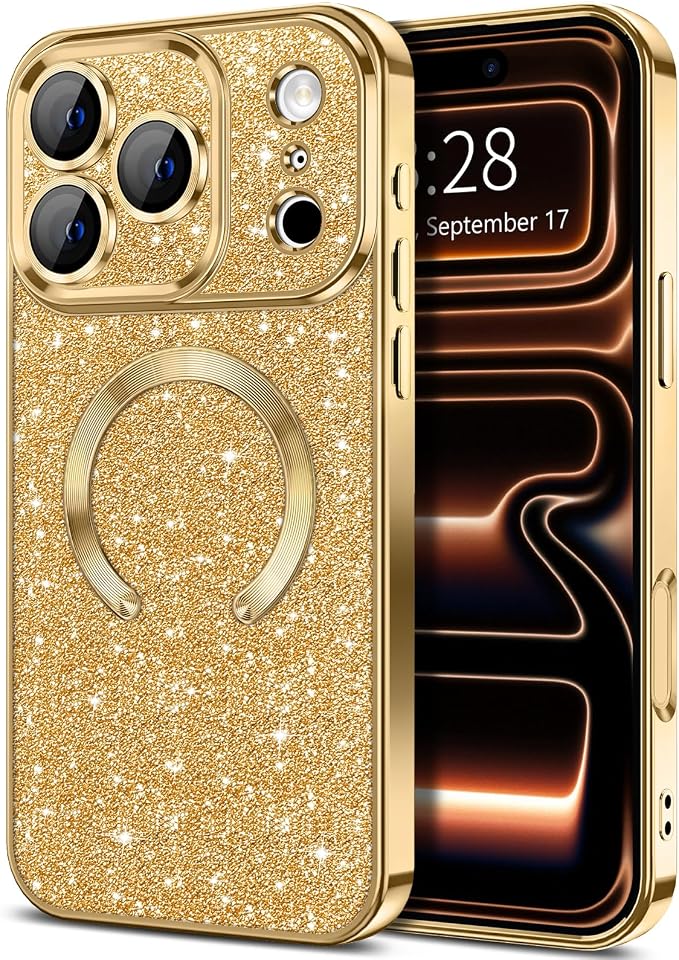 Hython for iPhone 17 Pro Max Case Glitter Clear Magnetic Phone Cases [Compatible with MagSafe] Full Camera Lens Protector Sparkle Luxury Plating Slim Shockproof Protective Cover Women, Gold