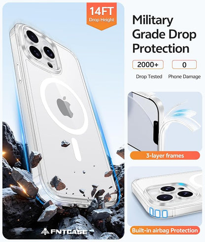 FNTCASE for iPhone 13 Pro Max Case Clear, Fit for Magsafe, Anti Yellowing | Magnetic Phone Cases, 14FT Military Grade Drop Protection, Slim Shockproof Protective Cover, Transparent