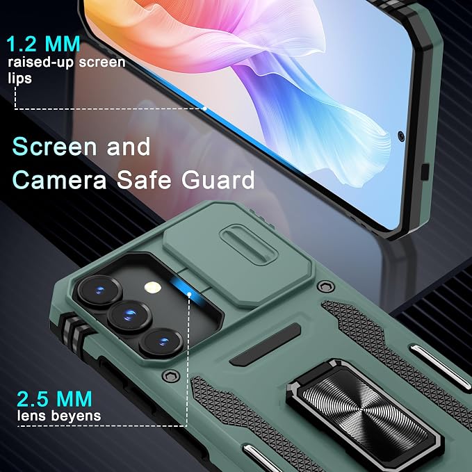 DEERLAMN Case for Samsung Galaxy S25 FE 6.7-Inch with Slide Camera Cover+Screen Protector(1 Pack), Rotated Ring Kickstand Military Grade Shockproof Protective Cover-Green