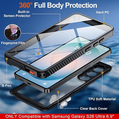 MOZOTER for Samsung Galaxy S26 Ultra Case Waterproof,[IPX8 Underwater Case][Full Body Shockproof & Military Dropproof]Built-in Screen Protector Clear Sound Quality for Samsung S26 Ultra 6.9 inch-Black