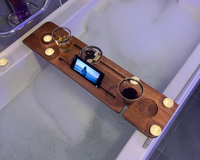 Handmade Wooden Bathtub Tray - 3 Different Size Options - Rustic Structure - Water Insulator - Bath Tray Caddy with Wine Glass Holder (28", NATURAL MAHOGANY)