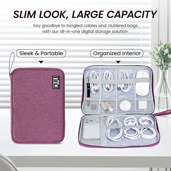 Large Slim Cable Organizer Travel Case, Single-Layer Electronic Accessories Pouch for Chargers, Cords, Power Bank, Mouse and SD Cards, 12.6 x 9.45 x 1.57 Inches