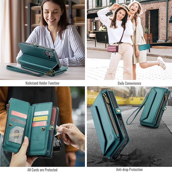 Strapurs Wallet Case Compatible with iPhone 16 6.1" RFID Blocking 7-Card Holder Soft PU Leather Magnetic Snap Shoulder Strap Zipper Pocket Phone Case Fit for iPhone 16 for Women - Blue Green
