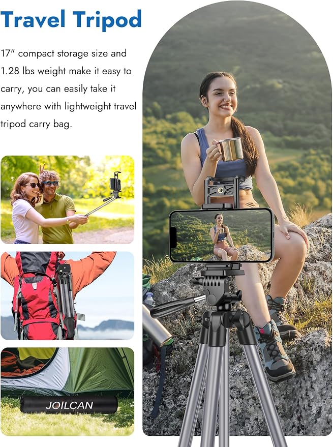 JOILCAN 67" Tripods Camera Tripod, Phone Tablet Tripod for Video Recording Vlog Photo with Remote Carry Bag, Aluminum Lightweight Travel Tripods