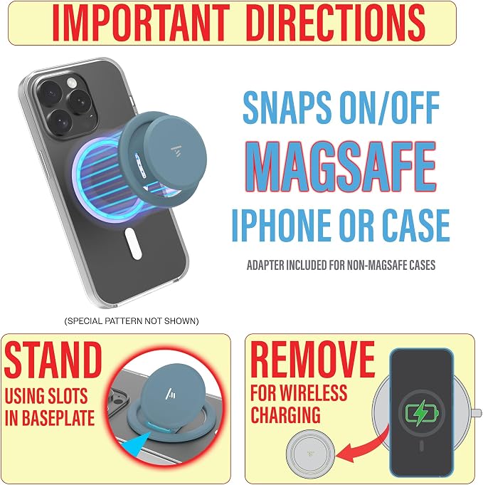 Tango Ultra Thin Grip for MagSafe: One Hand Open, Stand, 10x Expandable, Space Grade Steel, Removable for Wireless Charging. Half The Thickness, Twice The Fidget - Grey Blue