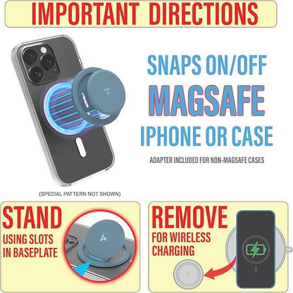 Tango Ultra Thin Grip for MagSafe: One Hand Open, Stand, 10x Expandable, Space Grade Steel, Removable for Wireless Charging. Half The Thickness, Twice The Fidget - Grey Blue