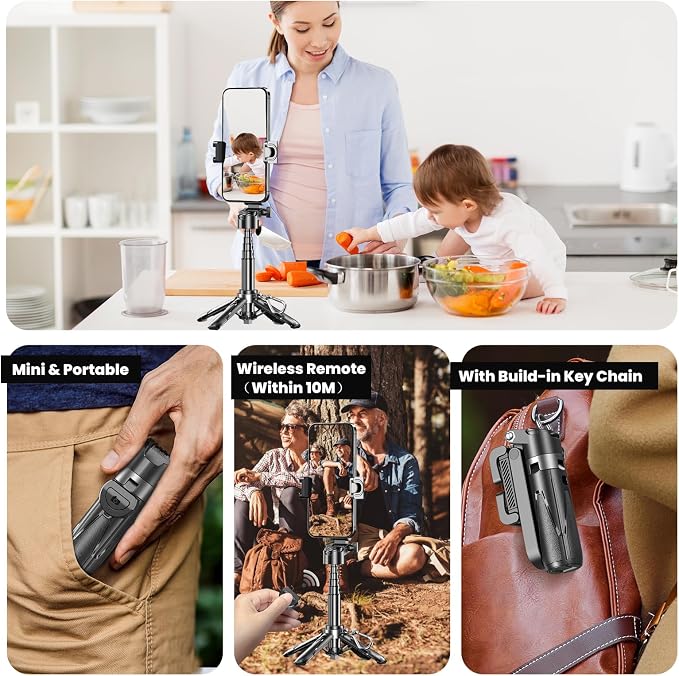 Selfie Sticks for iPhone, 4-in-1 Multi-Functional Phone Tripod with Remote Control, Pocket-Sized Mini Selfie Stick, Suitable for Photography, Live Streaming, Outdoor Travel Essentials