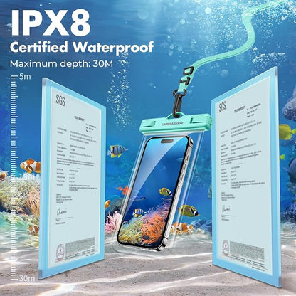 UNBREAKcable Waterproof Phone Pouch-2 Pack IPX8 Waterproof Phone Case for iPhone 16 15 14 13 12 11 Pro Max & Samsung S25 S24-Dry Bag & Travel Essentials for Beach, Pool, Kayak & Cruise-7" Blue+Green