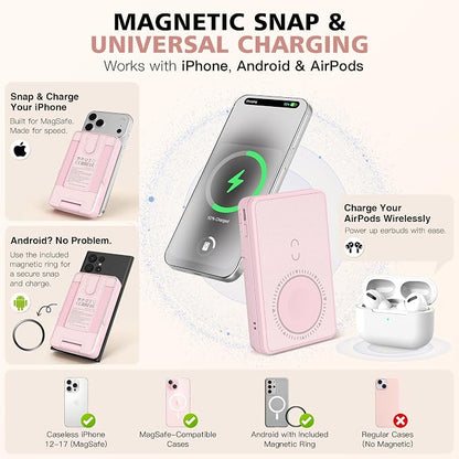 Magnetic Wireless Power Bank 5-in-1, 5000mAh Portable Charger with LED Mirror, Phone Stand, Card Holder & Bluetooth Remote, 20W Fast Charging for iPhone & Android, Travel Essential for Women