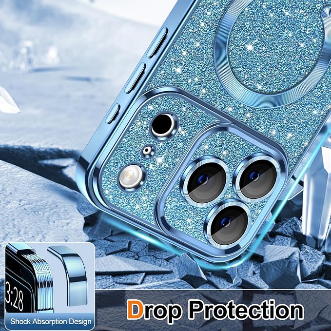 Hython for iPhone 17 Pro Max Case Glitter Clear Magnetic Phone Cases [Compatible with MagSafe] Full Camera Lens Protector Sparkle Luxury Plating Slim Shockproof Protective Cover Women, Light Blue