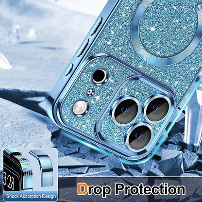 Hython for iPhone 17 Pro Case Glitter Clear Magnetic Phone Cases [Compatible with MagSafe] Full Camera Lens Protector Sparkle Luxury Plating Slim Shockproof Protective Cover Women, Light Blue