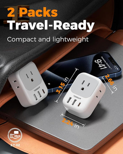 TESSAN Brazil Plug Adapter 2 Pack, 7 in 1 US to Brazil Power Adapter | 3 USB Ports (1 USB-C PD 20W Port) 4 American Outlets, Type N Travel Adaptor for USA to Brazilian