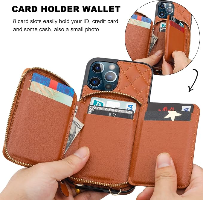 Bocasal Crossbody Wallet Case for iPhone 12 Pro Max, RFID Blocking PU Leather Zipper Handbag Purse Flip Cover, Kickstand Folio Case with Card Slots Holder Wrist Strap Lanyard 5G 6.7 Inch (Brown)