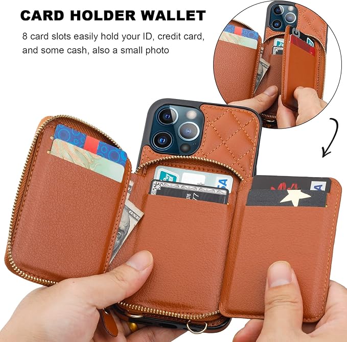 Bocasal Crossbody Wallet Case for iPhone 13 Pro Max, RFID Blocking PU Leather Zipper Handbag Purse Flip Cover, Kickstand Folio Case with Card Slots Holder Wrist Strap Lanyard 5G 6.7 Inch (Brown)