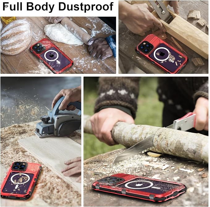 WIFORT for iPhone 14 Pro Max Waterproof Case - Metal Shockproof Phone Case Built-in Screen Protector [IP68 Water Proof][14FT Military Grade ], Heavy Duty Full Body Drop Protection Cover, 6.7" Red