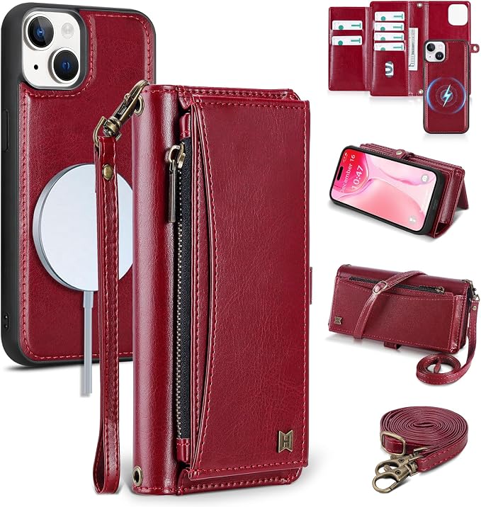 Wallet Case for iPhone 15 Plus with Card Holder/Crossbody Wallet/Strap| RFID Blocking | Magnetic | Kickstand | Detachable | PU Leather Phone Case for iPhone 15 Plus,6.7 in,Wine Red