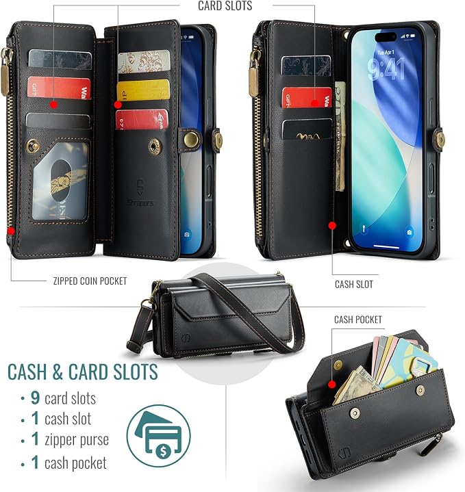 Strapurs Wallet Case Compatible with iPhone 17 6.3" RFID Blocking 9-Card Holder Soft PU Leather Magnetic Snap Shoulder Strap Zipper Pocket Phone Case Fit for iPhone 17 for Women - Black