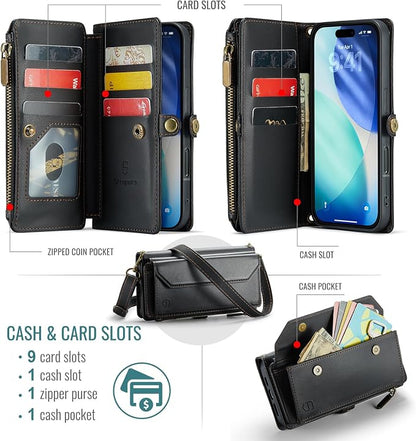 Strapurs Wallet Case Compatible with iPhone 17 6.3" RFID Blocking 9-Card Holder Soft PU Leather Magnetic Snap Shoulder Strap Zipper Pocket Phone Case Fit for iPhone 17 for Women - Black