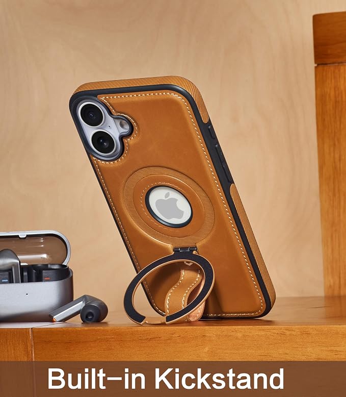 for iPhone 16 Leather Case with Stand, Anti-Slip Grip Ring, Fits for MagSafe (Brown, iPhone 16)