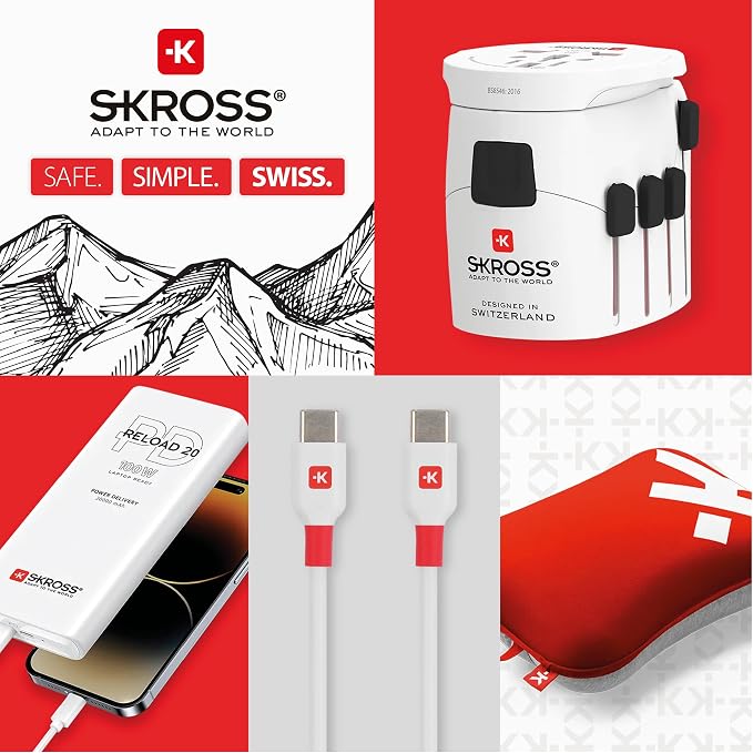 SKROSS Universal Travel Plug with USB and USB C, 1.302962, White