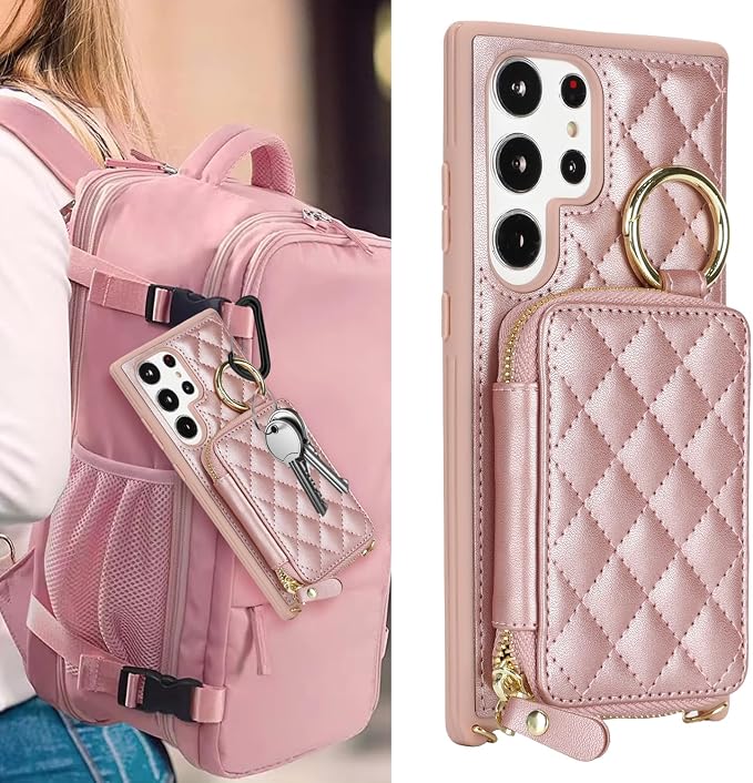 Crossbody Wallet Case for Galaxy S23 Ultra, PU Leather Zipper Handbag Purse Flip Cover, Kickstand Folio Case with Card Slots Holder Wrist Strap Lanyard -Rose Gold