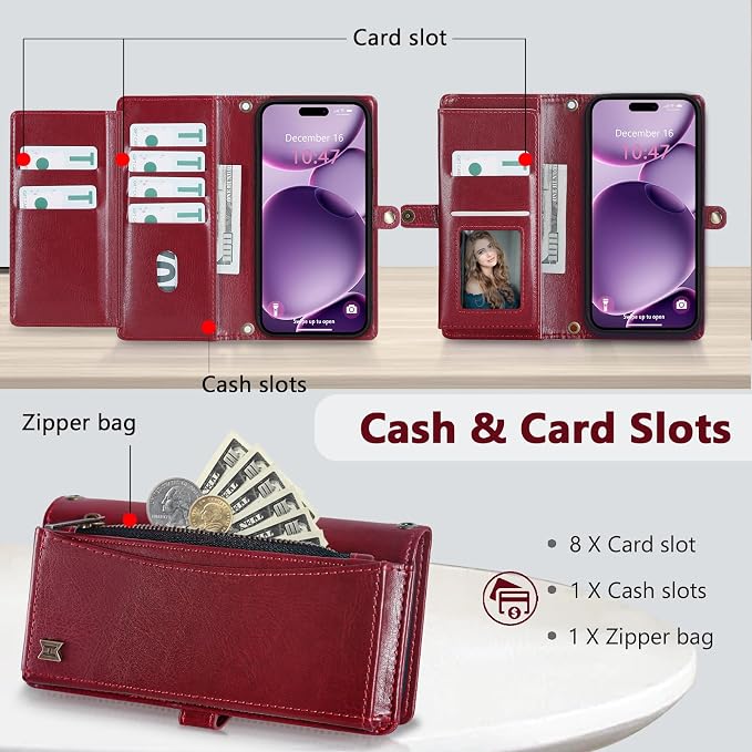 Wallet Case for iPhone 16 Plus with Card Holder/Crossbody Wallet/Strap| RFID Blocking | Magnetic | Kickstand | Detachable | PU Leather Phone Case for iPhone 16 Plus,6.7 in,Wine Red
