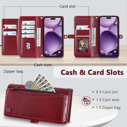 Wallet Case for iPhone 16 Plus with Card Holder/Crossbody Wallet/Strap| RFID Blocking | Magnetic | Kickstand | Detachable | PU Leather Phone Case for iPhone 16 Plus,6.7 in,Wine Red
