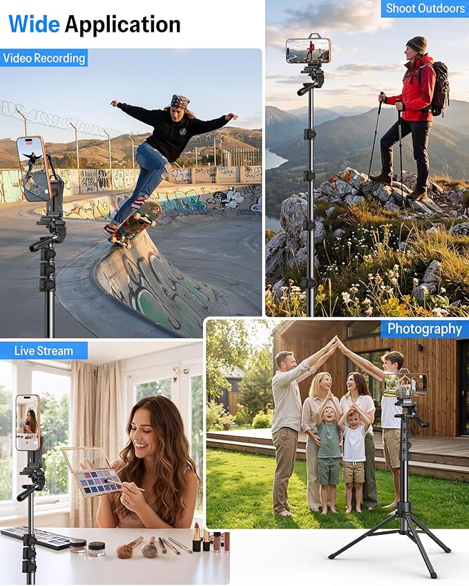 OMOTON TS01 65" Magnetic Phone Tripod for iPhone & Camera, Cell Phone Stand with Remote, Stable Height Adjustable Multi-Angle Shot Selfie Stick Tripod for Video Recording, Live Streaming, Black Set