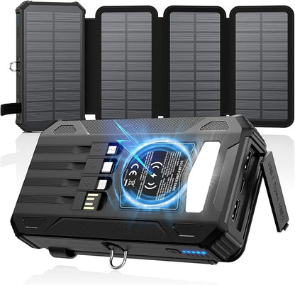 SOARAISE Solar Charger Power Bank 48000mAh PD QC 3.0 Fast Charging Wireless Portable Charger with 4 Solar Panels and 4 Cables, USB C Battery Pack for Cell Phone with Camping Flashlight, Carabiner