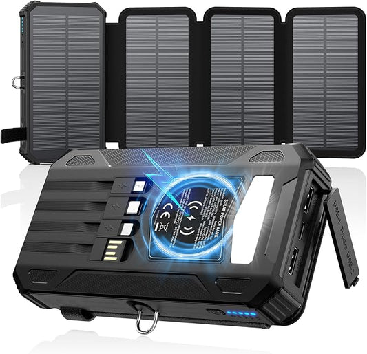 SOARAISE Solar Charger Power Bank 48000mAh PD QC 3.0 Fast Charging Wireless Portable Charger with 4 Solar Panels and 4 Cables, USB C Battery Pack for Cell Phone with Camping Flashlight, Carabiner