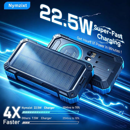 Solar Power Bank 49800mAh Portable Wireless Charger with USB-C 22.5W Fast Charging Built in 4 Cables Compatible with iPhone, iPad, Bright LED Flashlight Perfect for Camping (Blue)