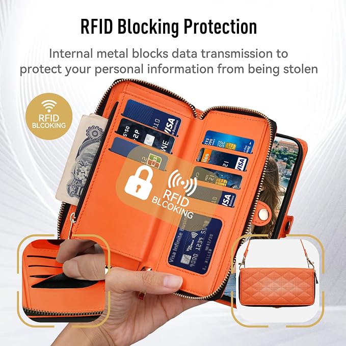Rssviss Crossbody Case for iPhone 17 Pro Case Wallet, RFID Blocking Leather with Card Holder Kickstand, Handbag Zipper Flip Cover with Wrist Strap for iPhone 17 Pro Men Women 6.3", Orange