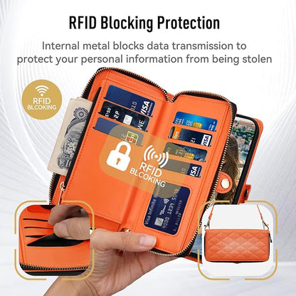 Rssviss Crossbody Case for iPhone 17 Pro Case Wallet, RFID Blocking Leather with Card Holder Kickstand, Handbag Zipper Flip Cover with Wrist Strap for iPhone 17 Pro Men Women 6.3", Orange