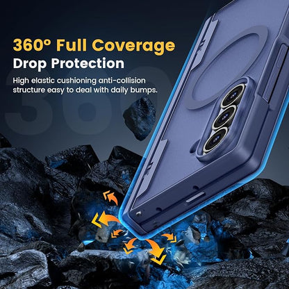 Caka Magnetic for Samsung Galaxy Z Fold 7 Case with Hinge Protection Blue | Compatible with MagSafe, Built-in Outer Screen Protector, Hinge Guard, Translucent Matte Back, 360° Hybrid Drop Defense