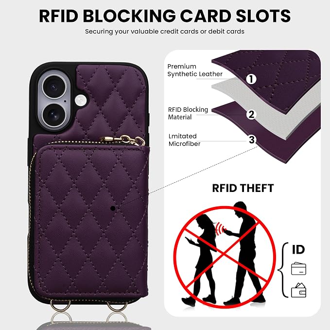 Keallce Case for iPhone 17 6.3'' Wallet Case, Crossbody Zipper Purse with Wrist Strap Lanyard Handbag, RFID Blocking Card Holders, Kickstand Flip Leather Cover for iPhone 17, Darkpurple