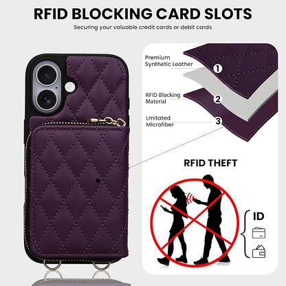 Keallce Case for iPhone 17 6.3'' Wallet Case, Crossbody Zipper Purse with Wrist Strap Lanyard Handbag, RFID Blocking Card Holders, Kickstand Flip Leather Cover for iPhone 17, Darkpurple