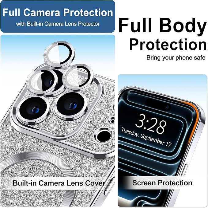 Hython for iPhone 17 Pro Max Case Glitter Clear Magnetic Phone Cases [Compatible with MagSafe] Full Camera Lens Protector Sparkle Luxury Plating Slim Shockproof Protective Cover Women, Silver
