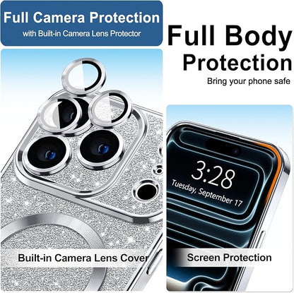 Hython for iPhone 17 Pro Max Case Glitter Clear Magnetic Phone Cases [Compatible with MagSafe] Full Camera Lens Protector Sparkle Luxury Plating Slim Shockproof Protective Cover Women, Silver