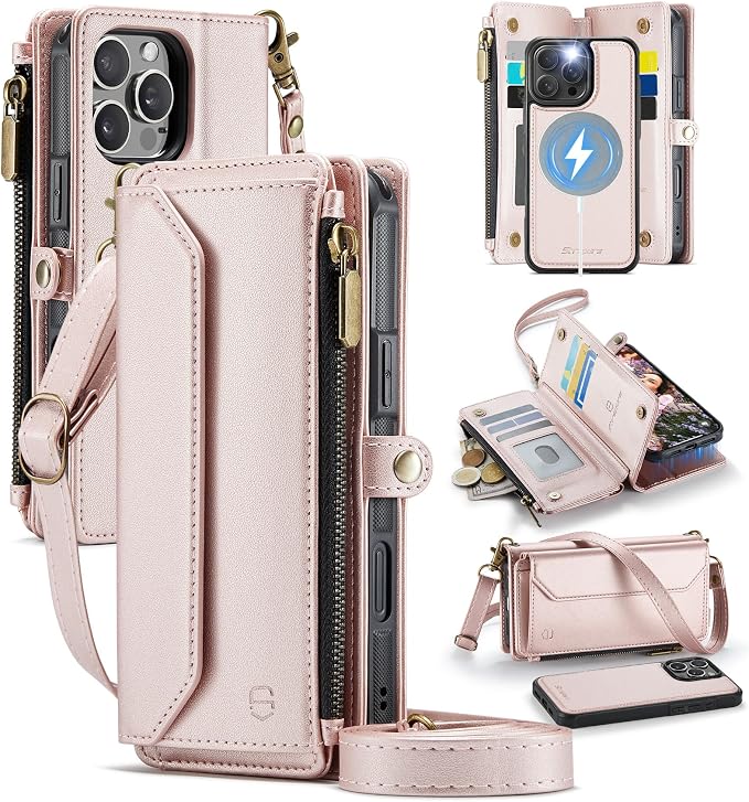 Strapurs for iPhone 16 Pro Max Detachable Wallet Case Compatible with Magsafe, RFID Blocking 9-Card Holder Zipper Strap Lanyard PU Leather Magnetic Phone Case for iPhone 16 Pro Max 6.9", Rose Gold