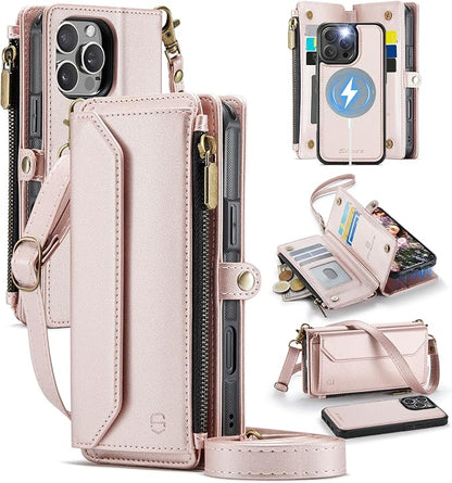 Strapurs for iPhone 16 Pro Max Detachable Wallet Case Compatible with Magsafe, RFID Blocking 9-Card Holder Zipper Strap Lanyard PU Leather Magnetic Phone Case for iPhone 16 Pro Max 6.9", Rose Gold