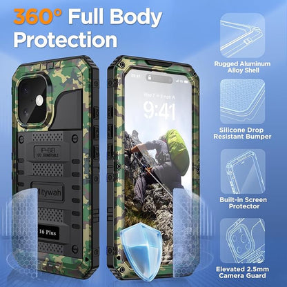 Mitywah Waterproof Case for iPhone 16 Plus, Shockproof Heavy Duty Case with Built-in Screen Protector, Underwater Full Body Protective Metal Case 6.7 inch, Camouflage