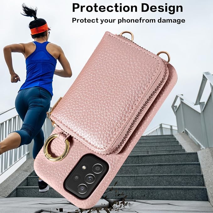 Wallet Case for Samsung Galaxy A52/A52S 5G & Shoulder Strap Ring Buckle PU Leather Zipper Organ Purse, Credit Card Holder Stand Cell Phone Cover for A 52 S 4G G5 52A S52 52S Women Men Rose Gold