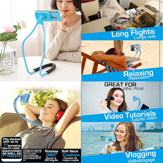 Lazy Neck Phone Holder, Around The Neck Phone Holder for Hands-Free Mobile Phone Holder on Bed/Tableb, 27.6'' Length for 4.7''-6.7'' Size (Blue)