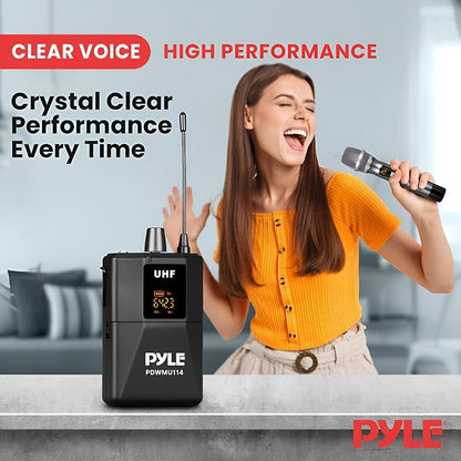 Pyle UHF Wireless Microphone System Kit - Portable Professional Cordless Microphone Set Wireless Mic - Headset, Lavalier, Beltpack Transmitter, Receiver - Karaoke, Conference PDWMU114, Black