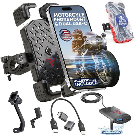 Motorcycle Phone Mount with USB Charger (3.25–7") – Waterproof Cell Phone Holder for Motorcycle, ATV, Snowmobile – 12V Dual USB-C Fast Charging – Includes Mirror Mount & Rain Cover