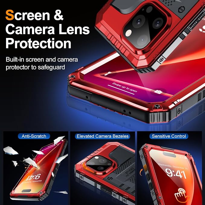 Mitywah Wateproof Case for iPhone 15 Pro Max, Heavy Duty Metal Cover for Surfing and Beach Trip, Military Grade Shockproof Full Body Phone Case with Built-in Screen Protector, 6.7", Red