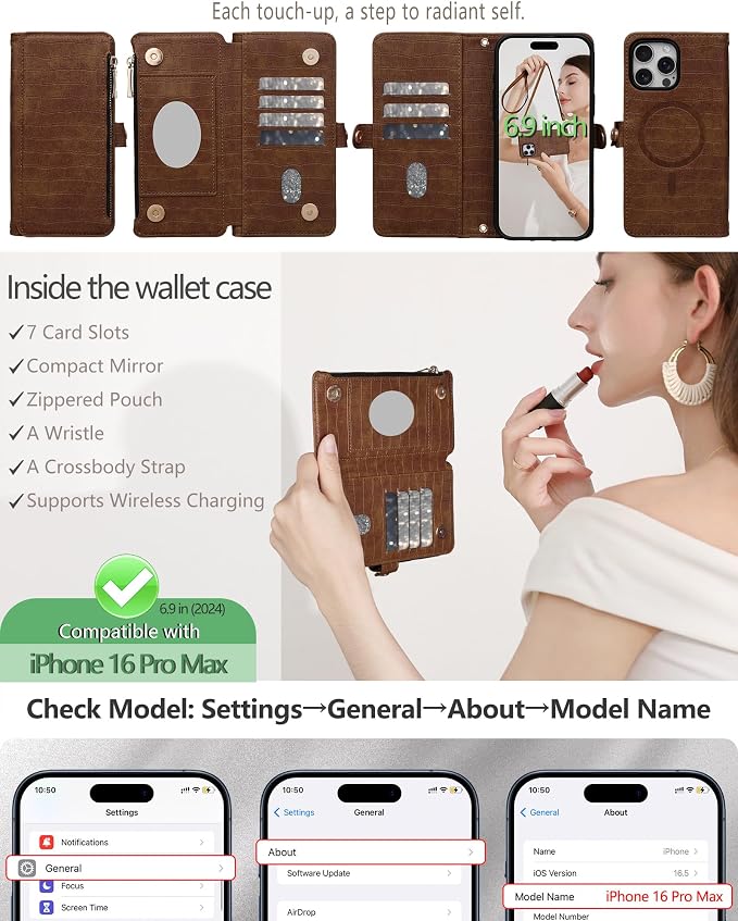 Crossbody Wallet Case for iPhone 16 Pro Max with Mirror, Wrist Strap, Zipper Purse Magnetic Flip RFID Blocking Card Holder, Wireless Charging, PU Leather Shockproof 6.9" Women (Brown)