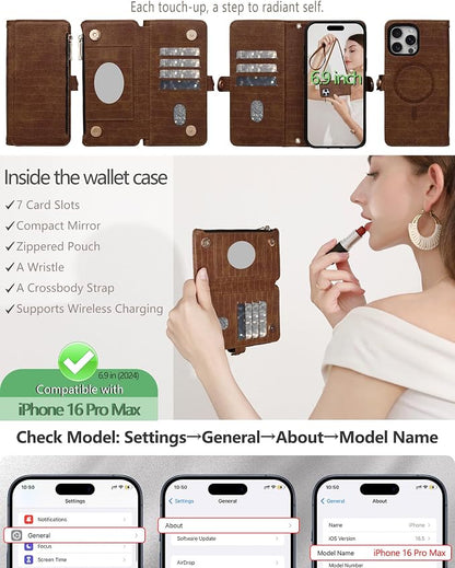 Crossbody Wallet Case for iPhone 16 Pro Max with Mirror, Wrist Strap, Zipper Purse Magnetic Flip RFID Blocking Card Holder, Wireless Charging, PU Leather Shockproof 6.9" Women (Brown)